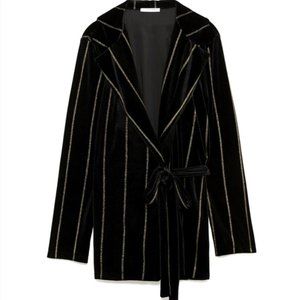 Zara Black Velvet Belted Blazer With Gold Stripes